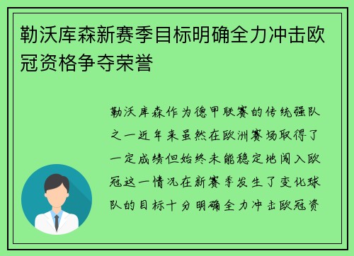 勒沃库森新赛季目标明确全力冲击欧冠资格争夺荣誉