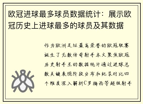 欧冠进球最多球员数据统计：展示欧冠历史上进球最多的球员及其数据